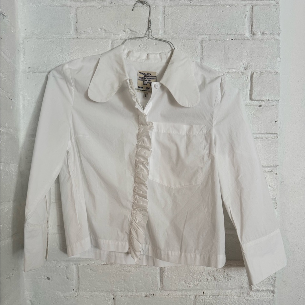 Baum und Pferdgarten White Ruffle Front Button Blouse Size 36 Cotton